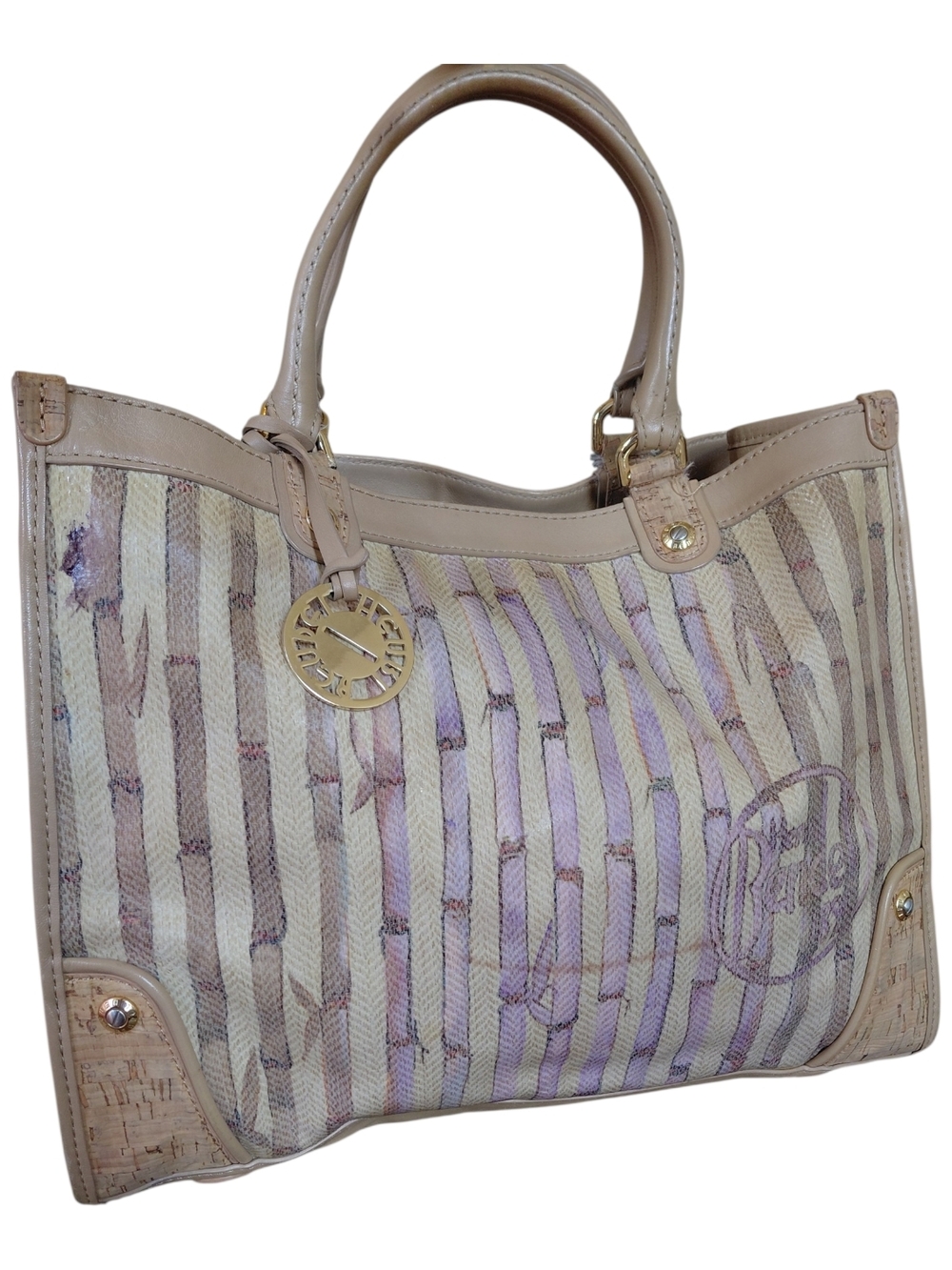 Rare Henri Bendel Beige Bamboo Striped Tote Bag With Cork Accent